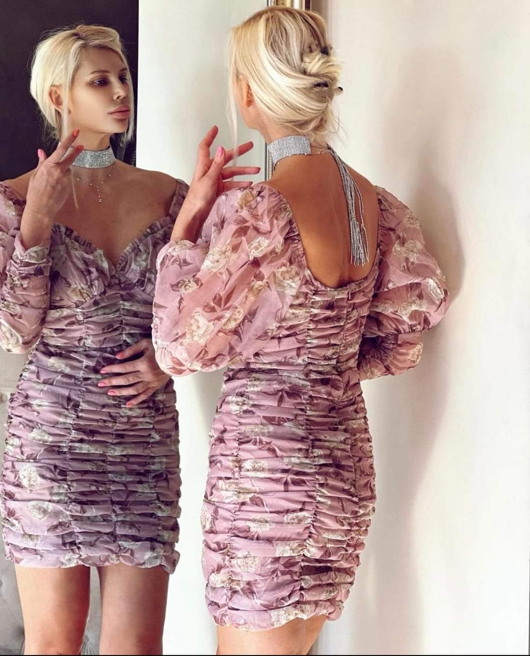 Rochie scurta cu maneca bufanta – nude cu imprimeu floral