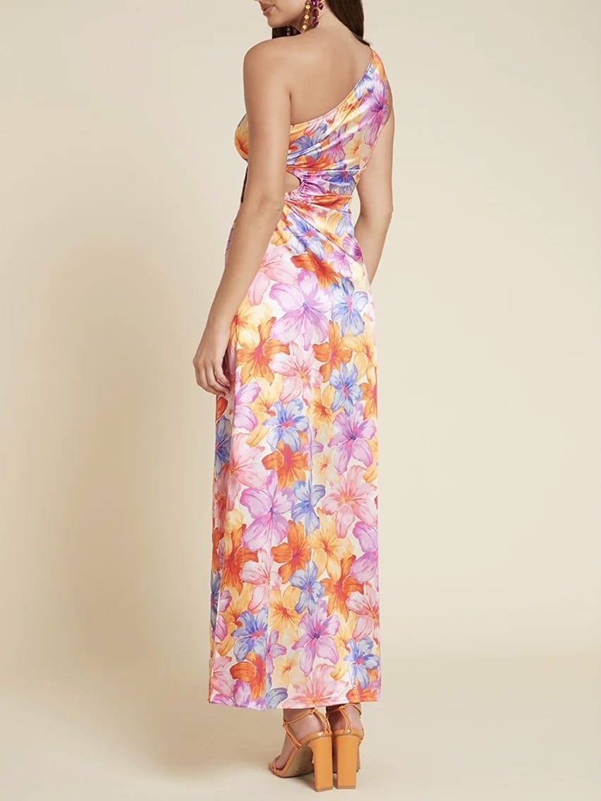 Rochie Flowers - pe umar, satin, imprimeu colorat - imagine 3