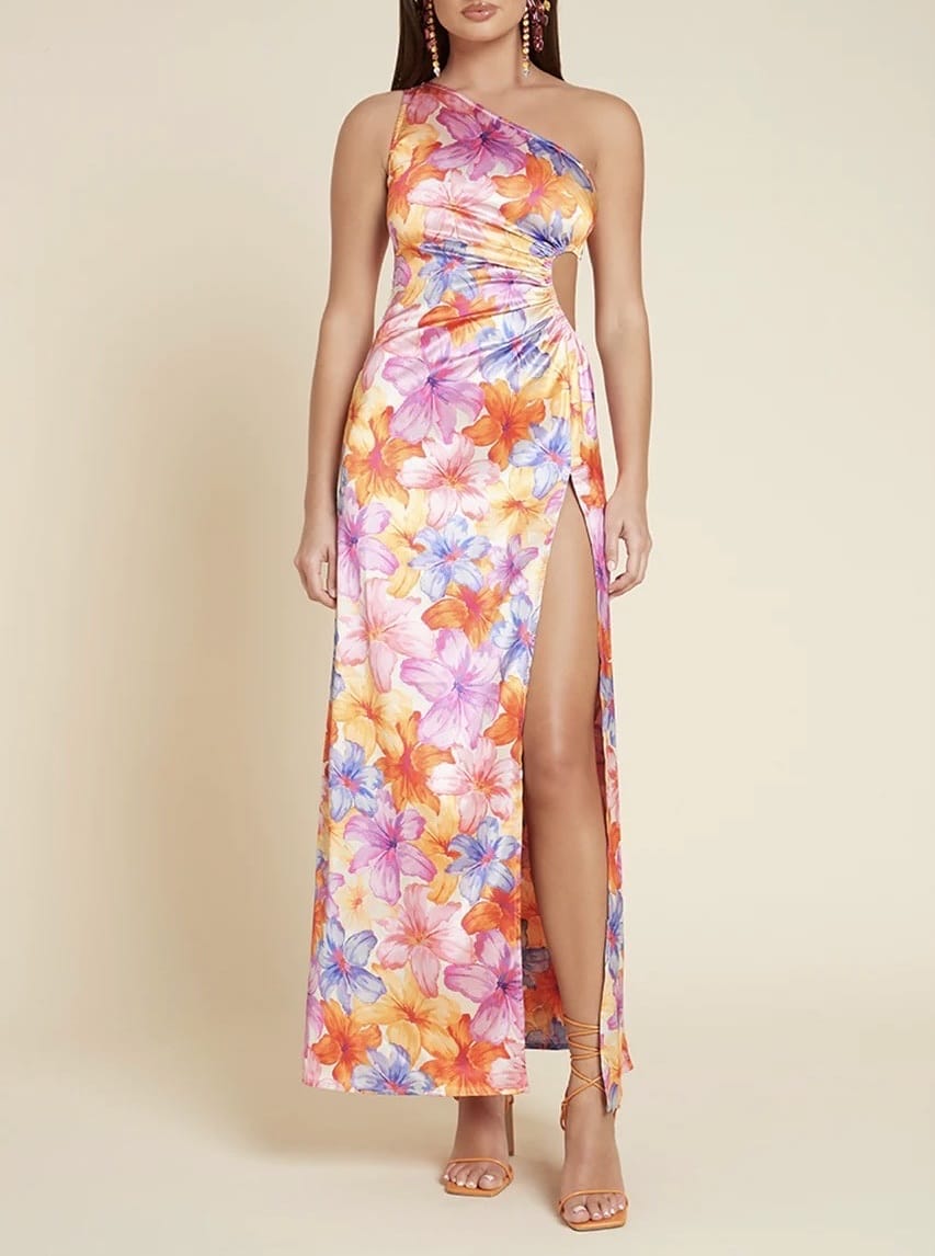Rochie Flowers – pe umar, satin, imprimeu colorat