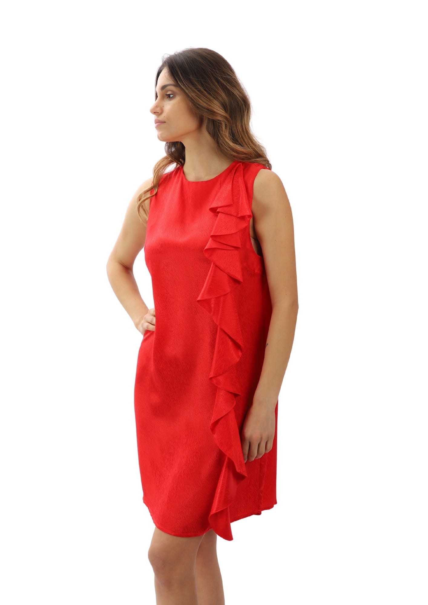 Rochie roșie elegantă dreaptă cu detalii asimetrice