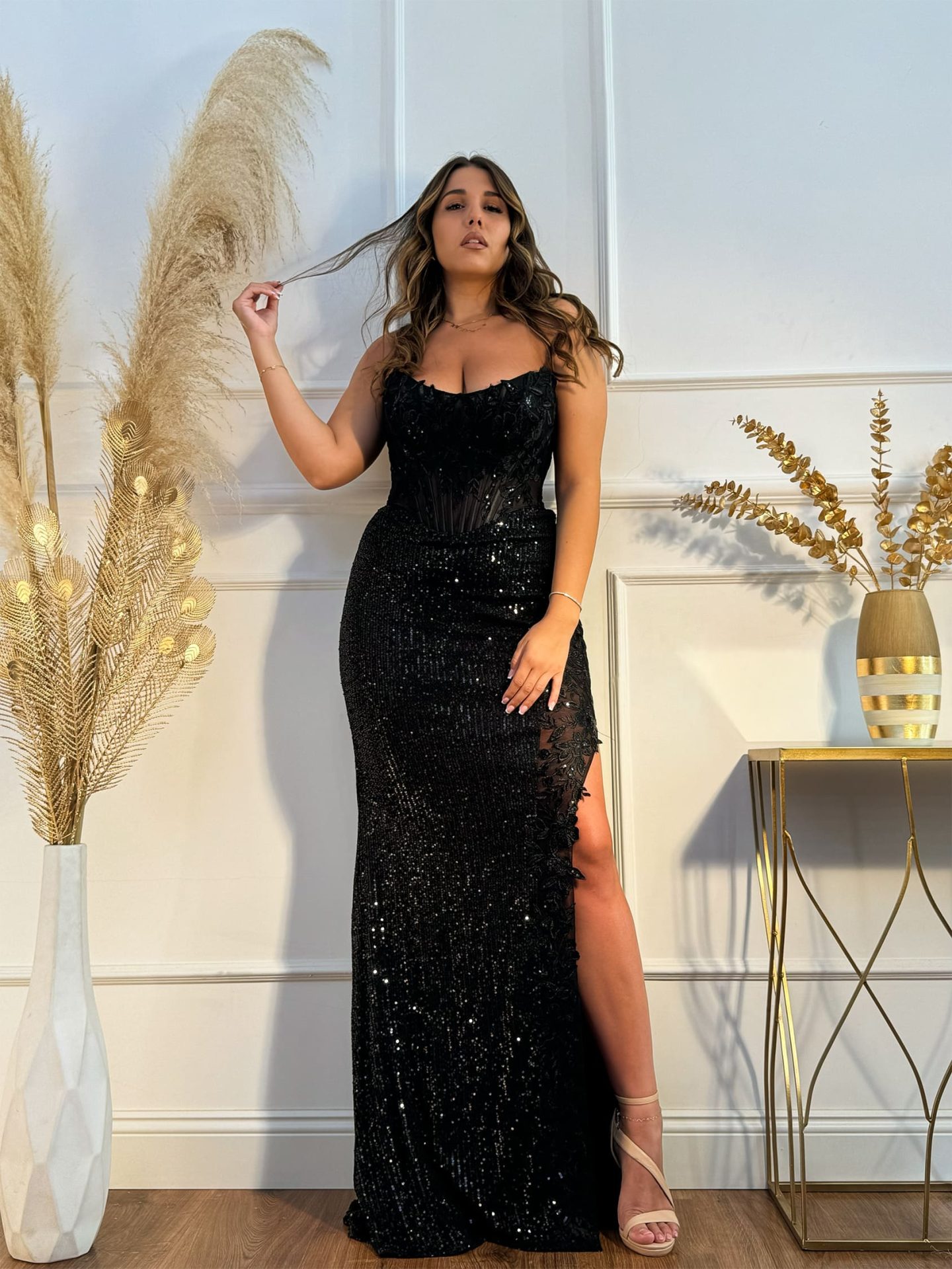 Rochie neagră Venice – Corset Dantelat Si Paiete Stralucitoare