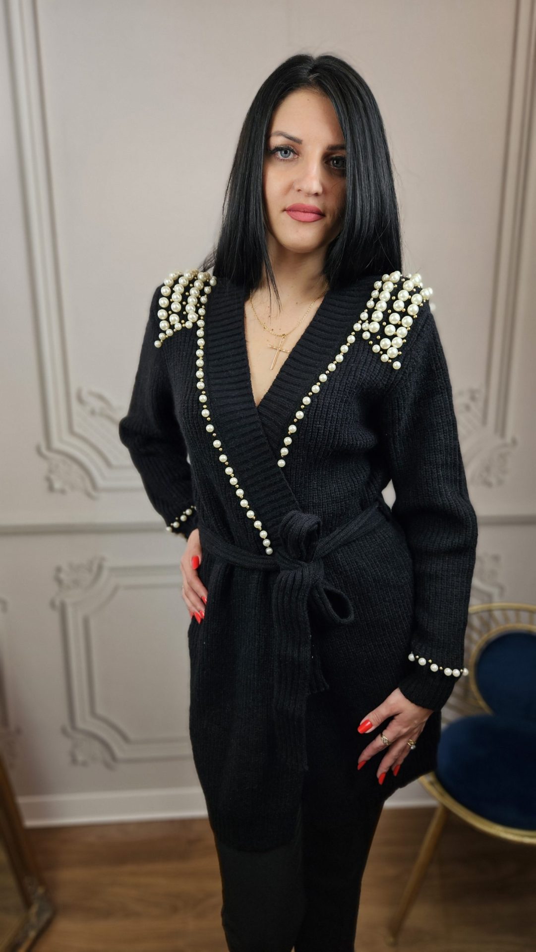 Cardigan Negru din Tricot cu Perle – Rafinament și Stil Elegant - imagine 3