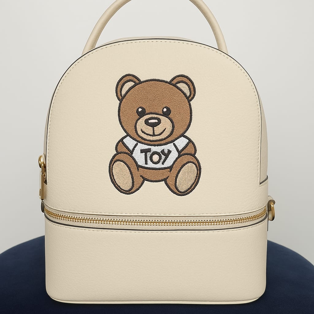 Rucsac din piele naturală crem cu imprimeu ursuleț – accesoriu casual chic