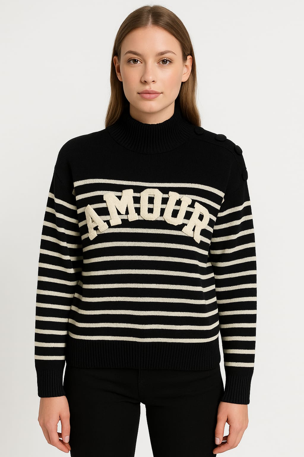 Pulover negru AMOUR cu dungi albe și guler înalt – model cozy chic Diva Exclusive