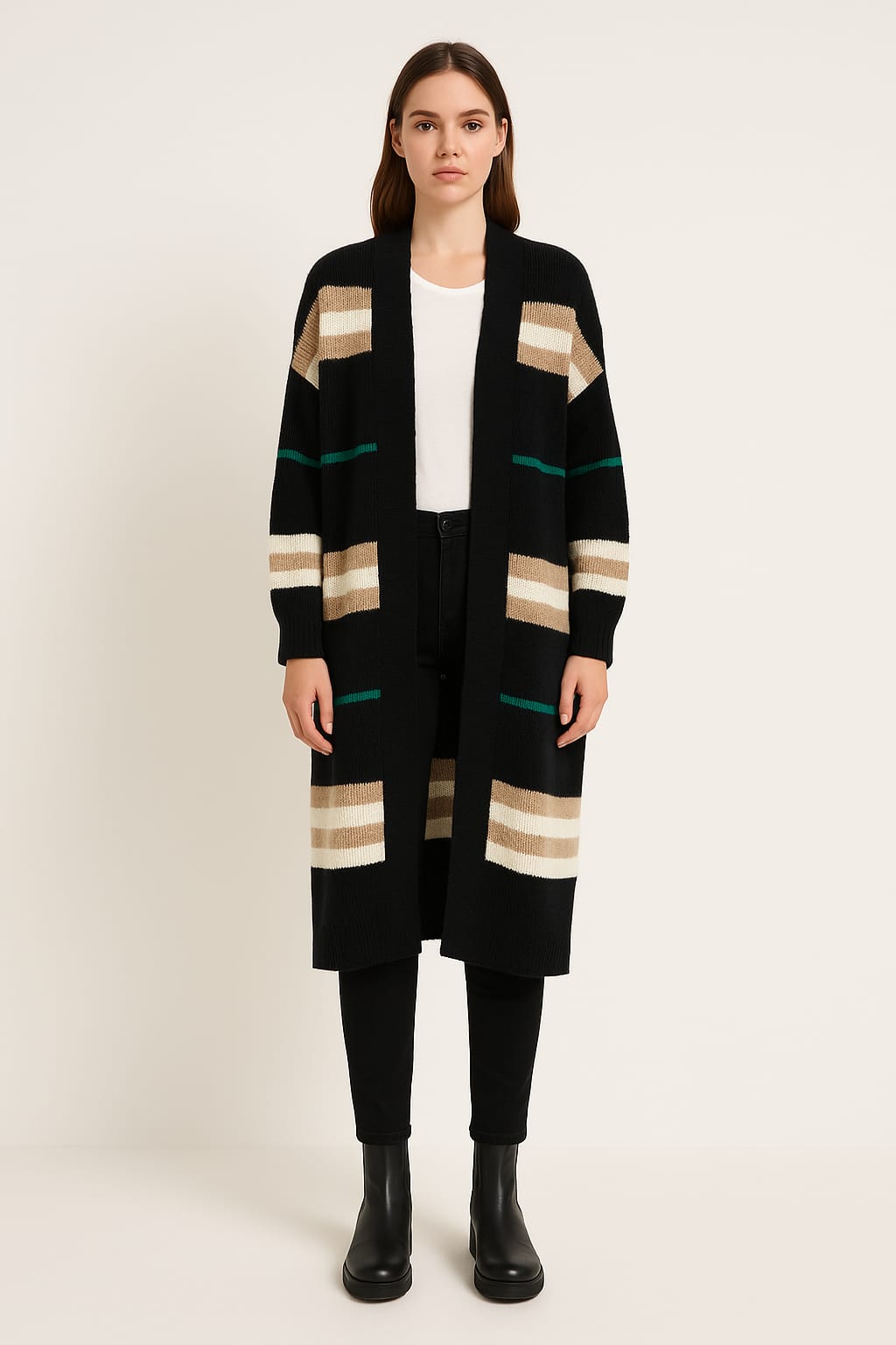 Cardigan premium geometric negru lung – model elegant de toamnă-iarnă Diva Exclusive