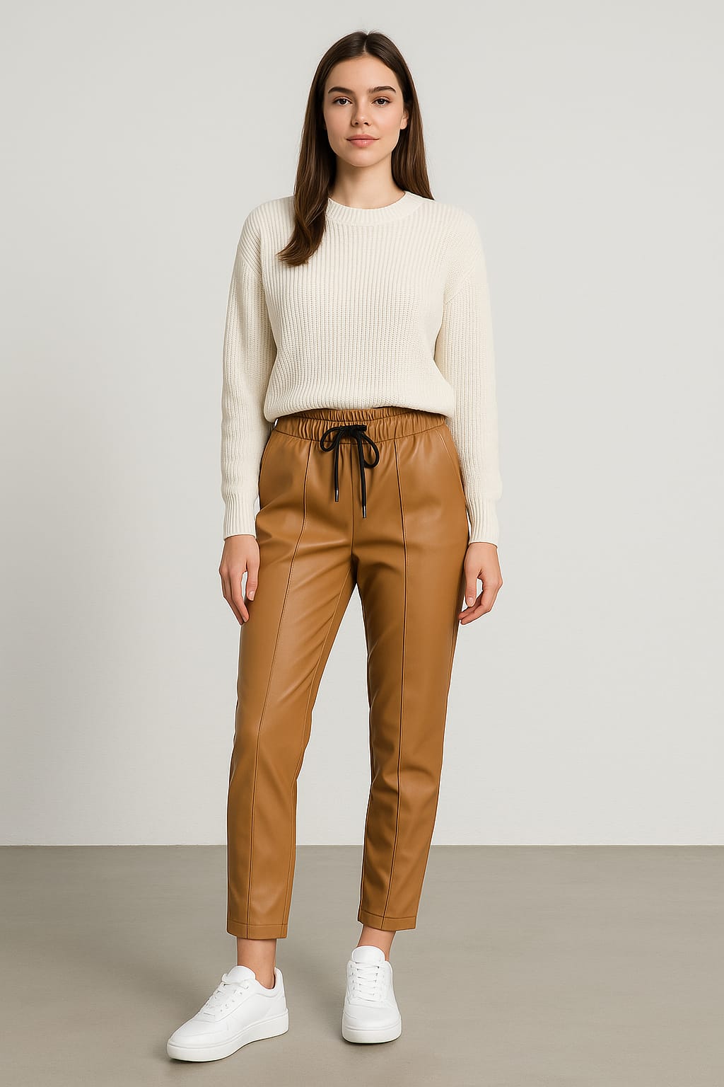 Pantaloni camel din ecopiele cu talie elastică – Look modern casual pentru toamnă