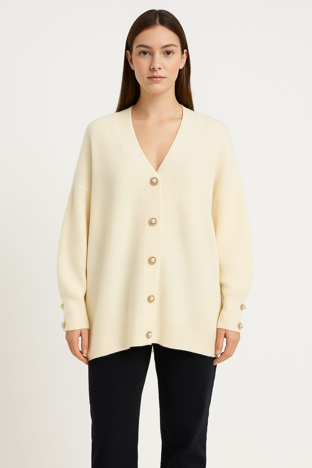 Pulover oversize crem cu nasturi decorativi – model călduros și elegant Diva Exclusive