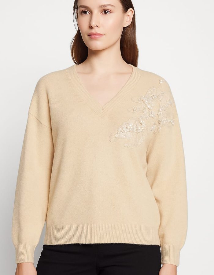 Pulover Elegant Cu Perle și Broderie Pentru Damă