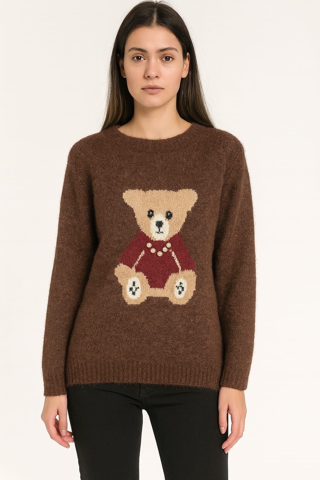 Pulover damă crem cu ursuleț decorativ și aplicații perle – stil cozy elegant Diva Exclusive - imagine 3