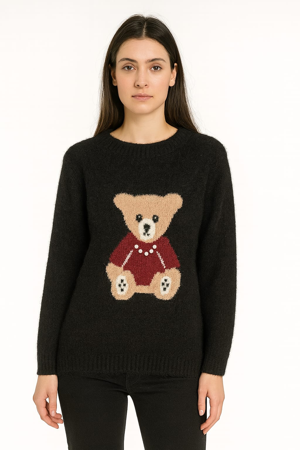 Pulover damă crem cu ursuleț decorativ și aplicații perle – stil cozy elegant Diva Exclusive - imagine 2