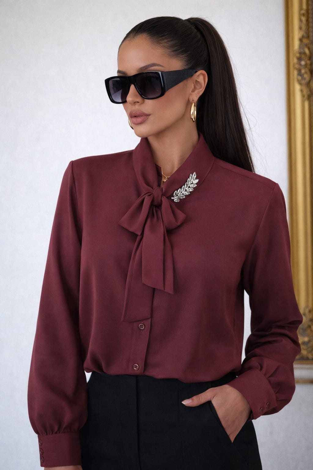 Cămașă elegantă cu fundă și detalii decorative – stil sofisticat Diva Exclusive