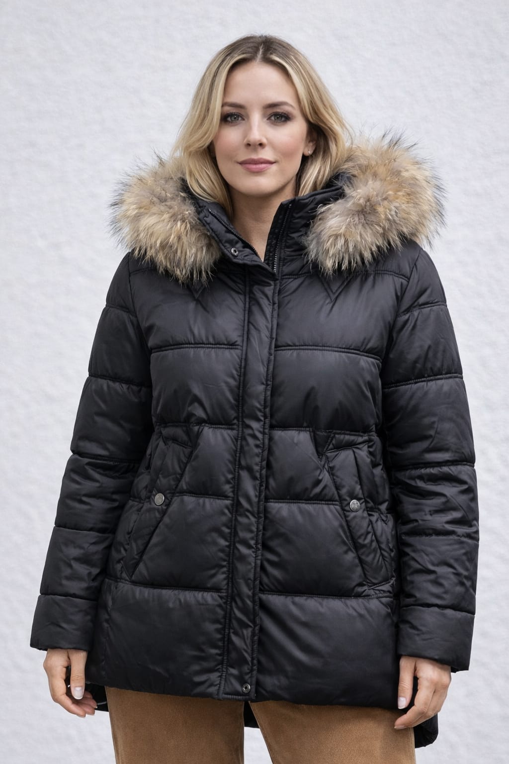 Geacă neagră matlasată de damă cu glugă și blăniță – Diva Exclusive Fashion