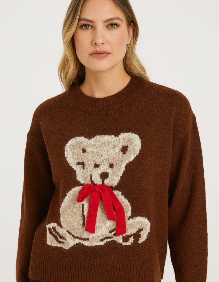 Pulover Teddy Bear Maro Cu Ursuleț și Fundiță Roșie